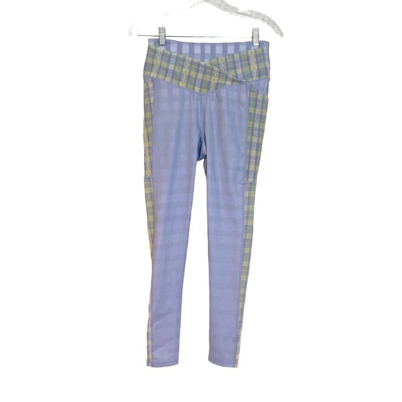 Free People FP Movement Lilac & Green Plaid Leggings Size M NWOT - Picture 3 of 12